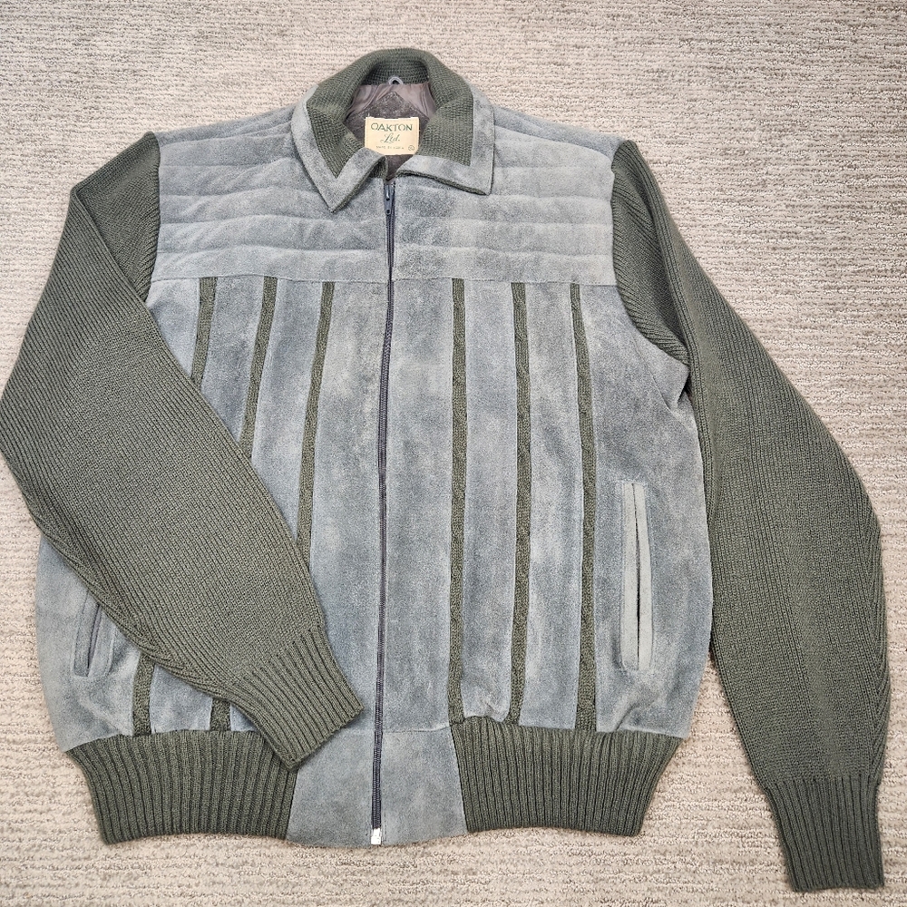 Vintage Oakton Ltd. Gray Suede Leather Bomber Jacket Green Knit Sweater Mens XL